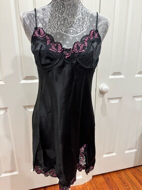Black Satin Slip Dress with Pink Lace and Adjustable Straps Sz. M Coquette Fairy
